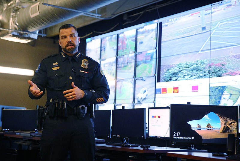 Chattanooga Police Chief David Roddy explains the new Safe Exchange Zone Wednesday, Dec. 20, 2017 at the Police Service Center in Chattanooga, Tenn. The Chattanooga Police Department has established a Safe Exchange Zone in the parking lot in front of the Police Service Center on Amnicola Highway, so people who are buying or selling items online have a safe location to meet and exchange money for goods. 