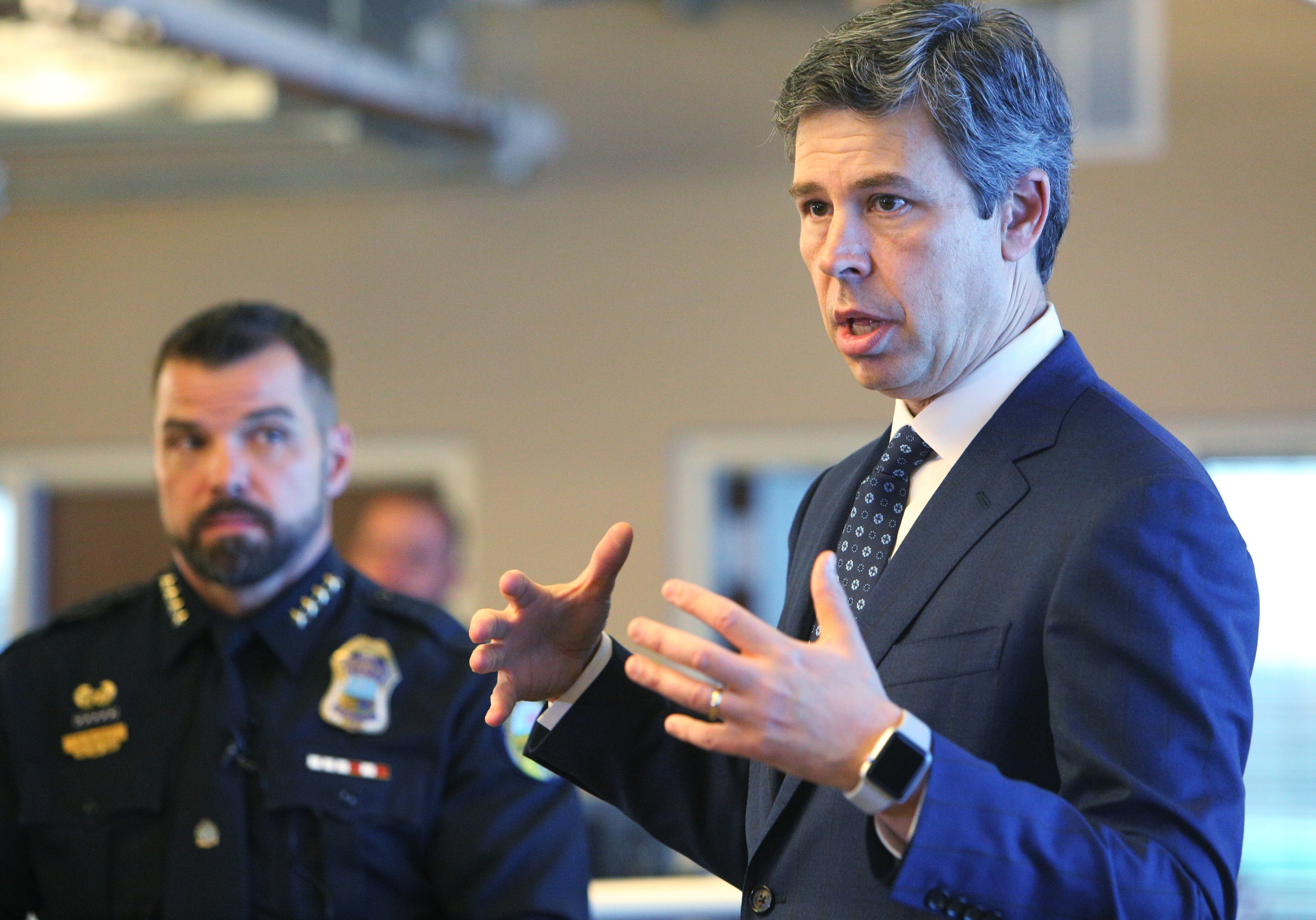 Chattanooga Mayor Andy Berke discusses the new Safe Exchange Zone Wednesday, Dec. 20, 2017 at the Police Service Center in Chattanooga, Tenn. The Chattanooga Police Department has established a Safe Exchange Zone in the parking lot in front of the Police Service Center on Amnicola Highway, so people who are buying or selling items online have a safe location to meet and exchange money for goods.
