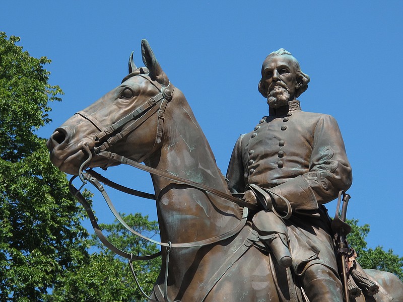 In this Aug. 18, 2017, photo, a statue of Confederate Gen. Nathan Bedford Forrest sits in a park in Memphis, Tenn.