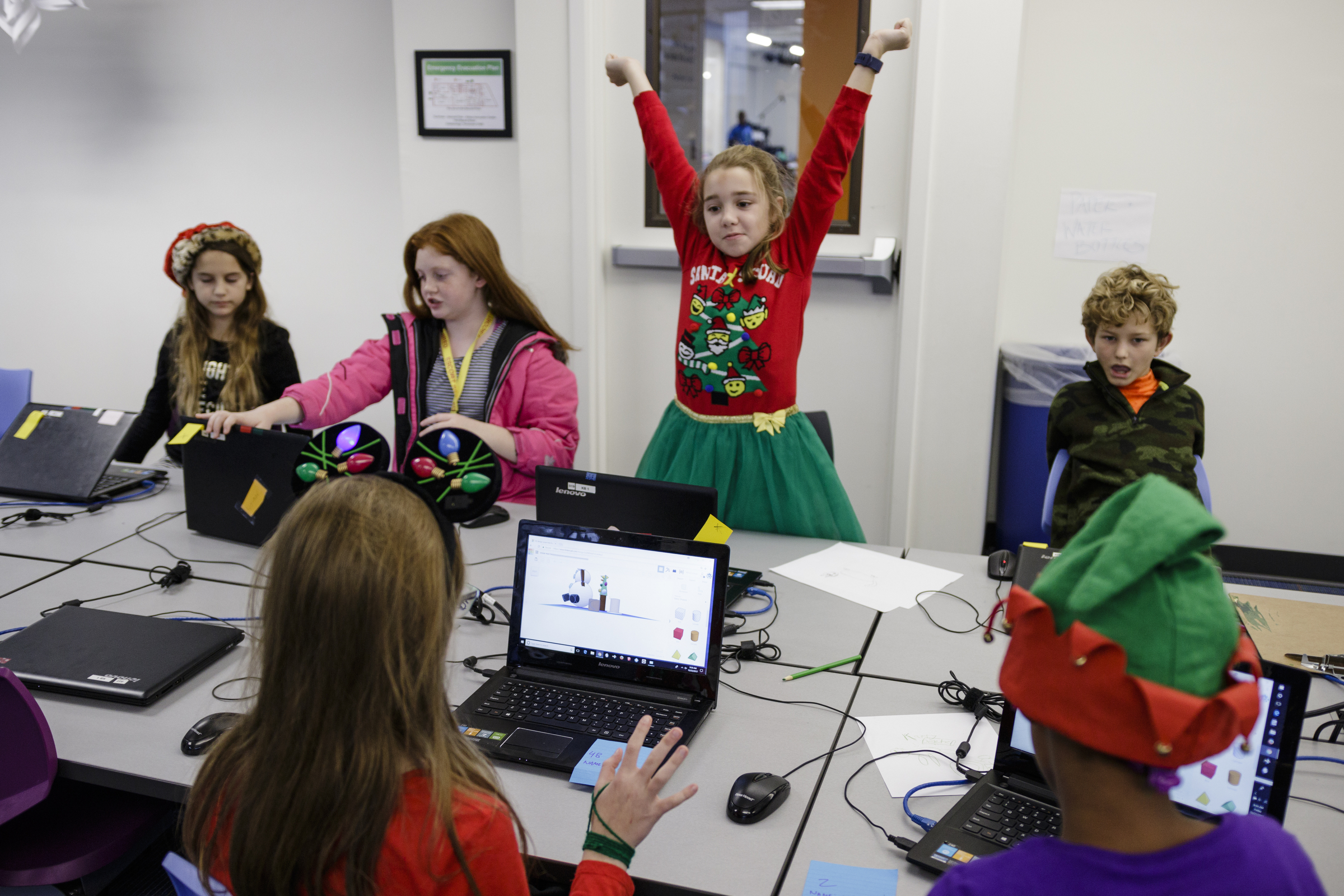 Students use computer programs to build 3d snowmen at Tech Town's winter break camp in the Edney Innovation Center on Friday, Dec. 22, 2017, in Chattanooga, Tenn. Tech Town offers technology-centric camps and education for children in subjects ranging from video production and computer coding to electronics and robotics.