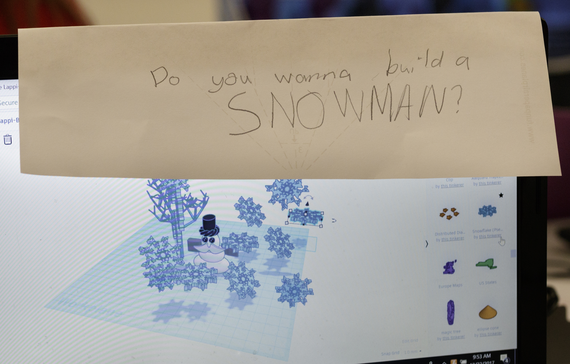 A student's 3d snowman made in a computer program is seen at Tech Town's winter break camp in the Edney Innovation Center on Friday, Dec. 22, 2017, in Chattanooga, Tenn. Tech Town offers technology-centric camps and education for children in subjects ranging from video production and computer coding to electronics and robotics.