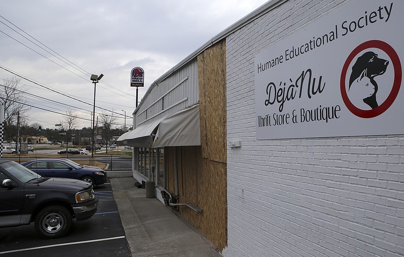 Deja Nu, a thrift store run by the Humane Educational Society, is seen on Tuesday, Dec. 19, 2017 in Chattanooga, Tenn. A car backed into the building at the beginning of December.