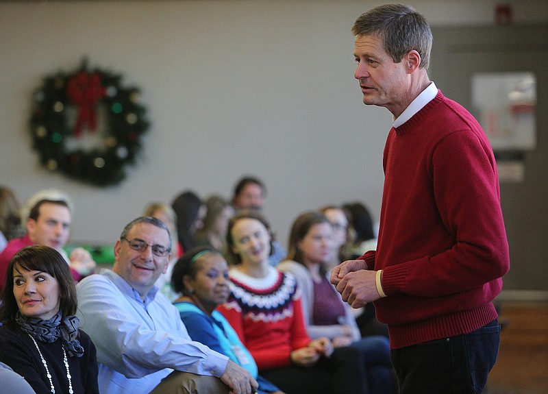 Jeff DeLoach, president of the Chattanooga Times Free Press, speaks during a companywide Christmas party Thursday, Dec. 14, 2017, at the Chattanooga Times Free Press.