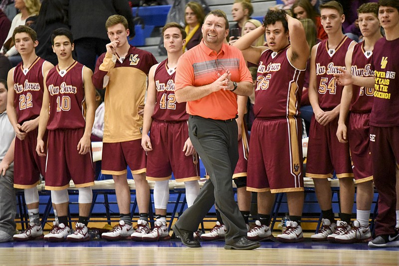 Van Buren coach Dustin Sullivan reacts to a call near the end of their defeat of Tyner Thursday night at Chattanooga State.