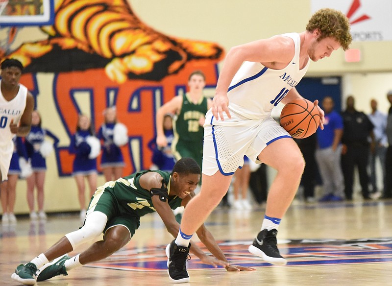 McCallie's Jay Gibson (10) makes an open-floor steal from  Notre Dame's C.J. Green (2) in first half action Thursday night at Chattanooga State.