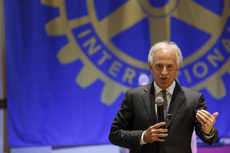 U.S. Sen. Bob Corker speaks at a luncheon hosted by the Rotary Club of Cleveland at the Museum Center at 5ive Points on Tuesday, Aug. 15, 2017, in Chattanooga, Tenn. Corker took questions from rotarians about current events on topics including North Korea, healthcare and President Donald Trump.