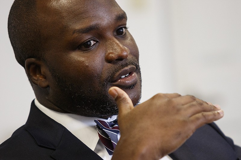 New Hamilton County schools Superintendent Bryan Johnson speaks during a meeting with the Times Free Press editorial board at the Hamilton County Department of Education on Wednesday, Aug. 2, 2017, in Chattanooga, Tenn.