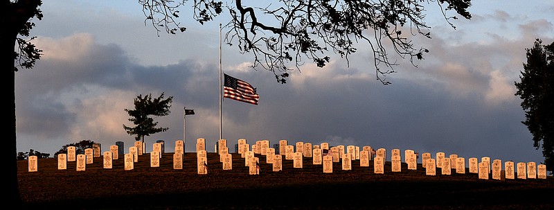 The last light of day illuminates a portion of the 120 plus acres of the Chattanooga National Cemetery on Nov. 7, 2017.  Established by Union General George H. Thomas on Christmas Day, 1863 there are over 50,000 interments with 4,189 of the Civil War dead being unknown within the cemetery walls.   