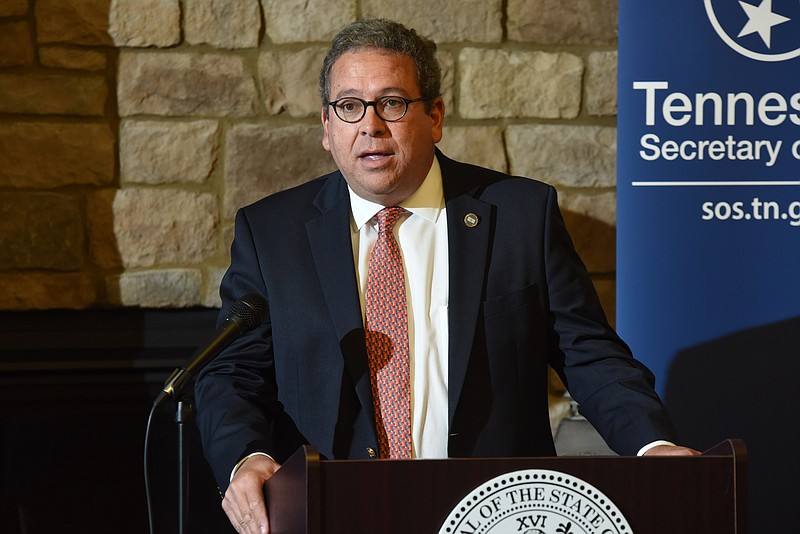 State Rep. Gerald McCormick, R-Chattanooga, speaks alongside Tennessee Secretary of State Tre Hargett as he launches the state's new online voter registration system Wednesday in Hixson, Tenn. at Dominion Senior Living.