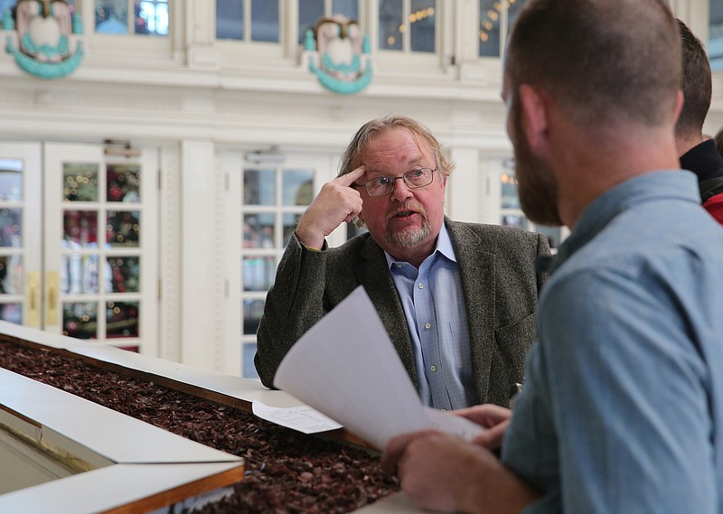 William A. Lee, president of Ridgecroft Refining, talks with others about his new distillery at the Chattanooga Choo Choo in Chattanooga, Tenn., on Wednesday, Nov. 15, 2017. The distillery is one of several new businesses that will be going into the Choo Choo over the next year. 