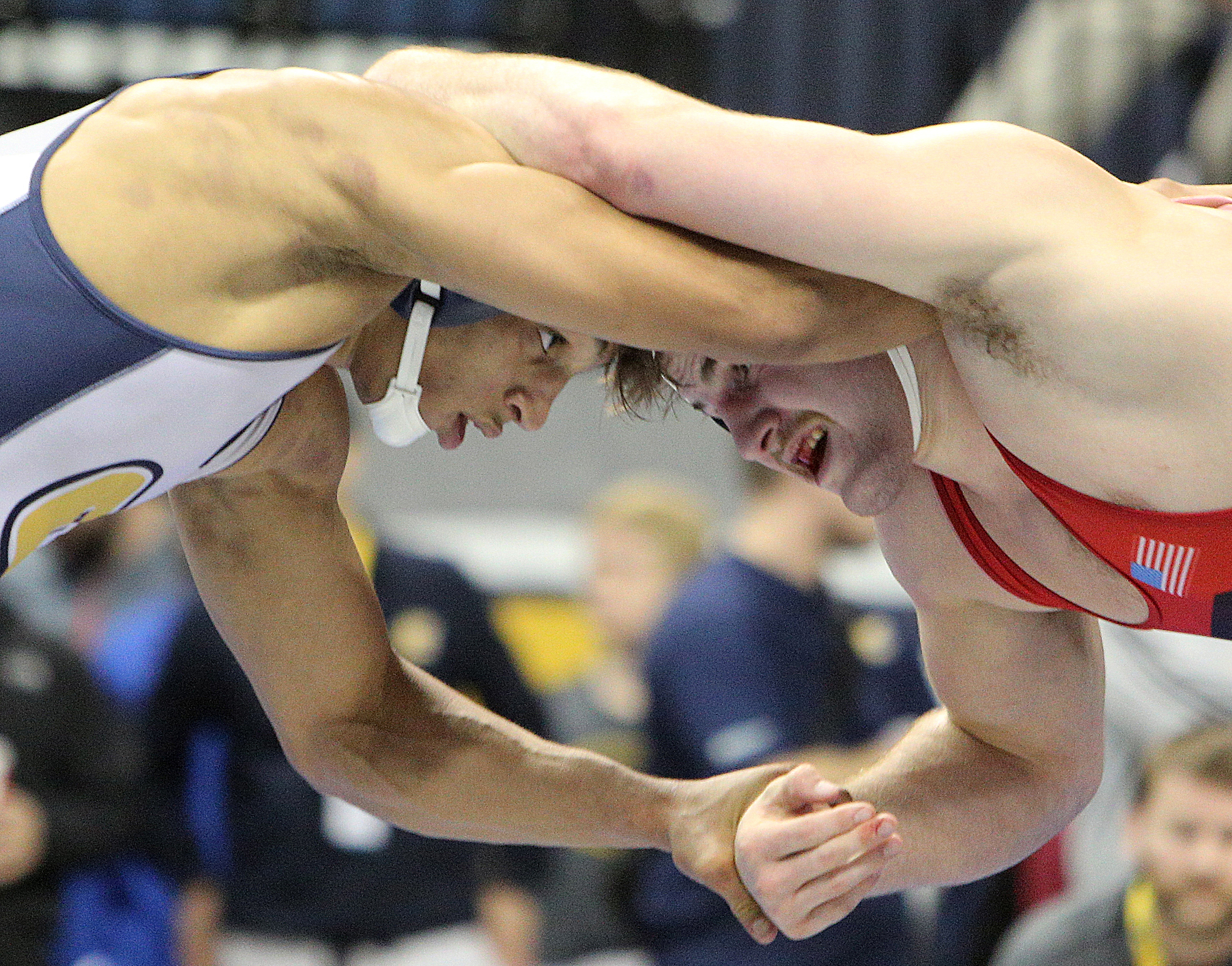 University of Tennessee at Chattanooga's Bryce Carr faces North Carolina State University's Nick Reenan during the 184 pound bracket of the Southern Scuffle College Wrestling Tournament Tuesday, Jan. 2, 2018 at McKenzie Arena at UTC in Chattanooga, Tenn.