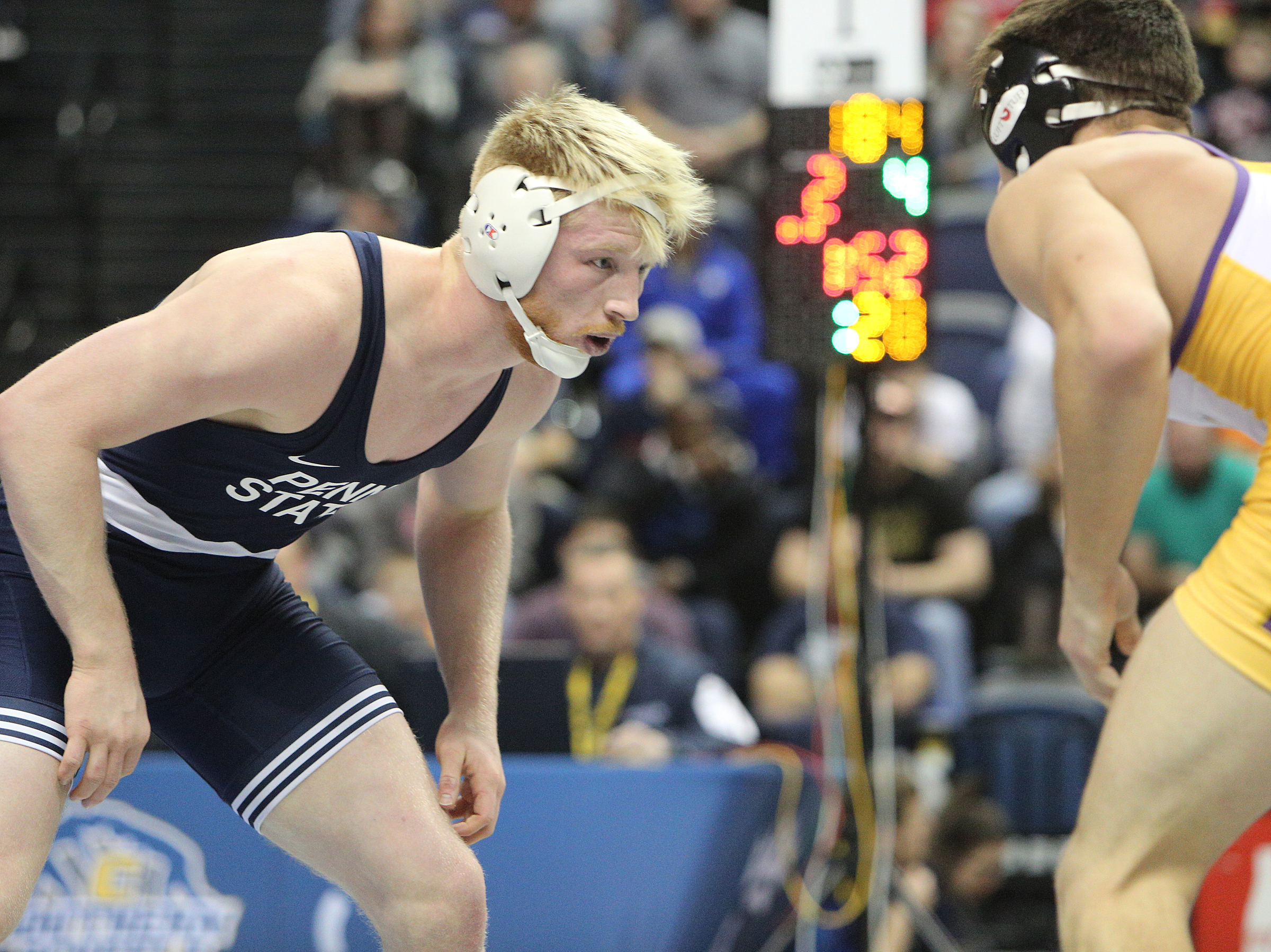 Pennsylvania State University's Bo Nickal faces off with University of Northern Iowa's Drew Foster during 184 pound bracket of the Southern Scuffle College Wrestling Tournament Tuesday, Jan. 2, 2018 at McKenzie Arena at UTC in Chattanooga, Tenn. Nickal won the match making him the winner of the 184 pound bracket.