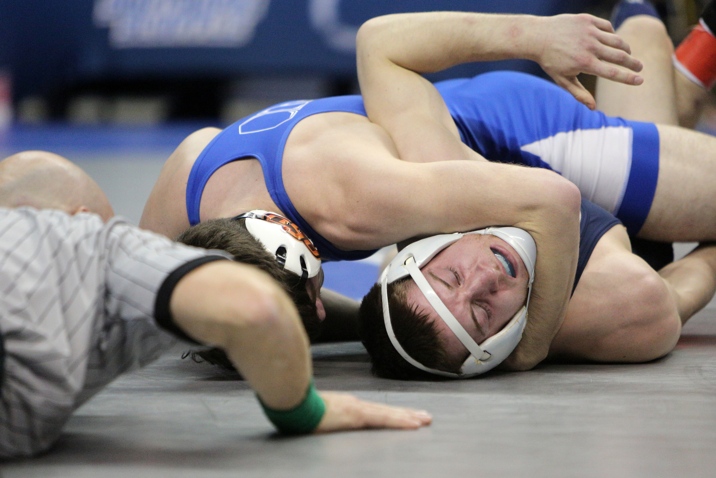 Oklahoma State University's Kaden Gfeller attempts to pin Pennsylvania State University's Nick Lee during the Southern Scuffle College Wrestling Tournament Tuesday, Jan. 2, 2018 at McKenzie Arena at UTC in Chattanooga, Tenn. Gfeller placed first in the 141 pound bracket and Lee came in second.