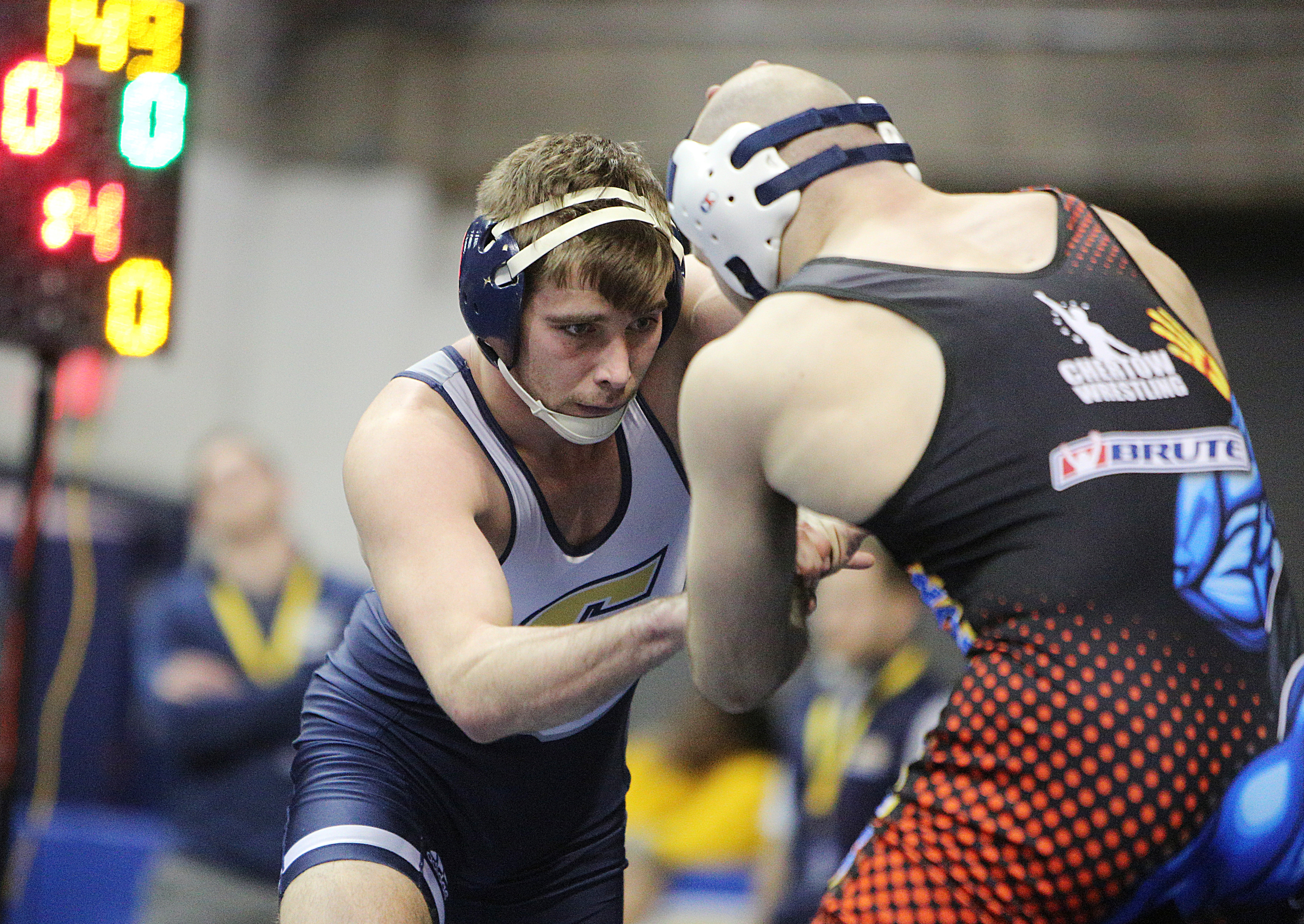 University of Tennessee at Chattanooga's Roman Boylen grapples with Pennsylvania State University's Jarod Verkleeren during the Southern Scuffle College Wrestling Tournament Tuesday, Jan. 2, 2018 at McKenzie Arena at UTC in Chattanooga, Tenn. Verkleeren won the match putting him at seventh place in the 149 pound bracket and putting Boylen in eighth place.