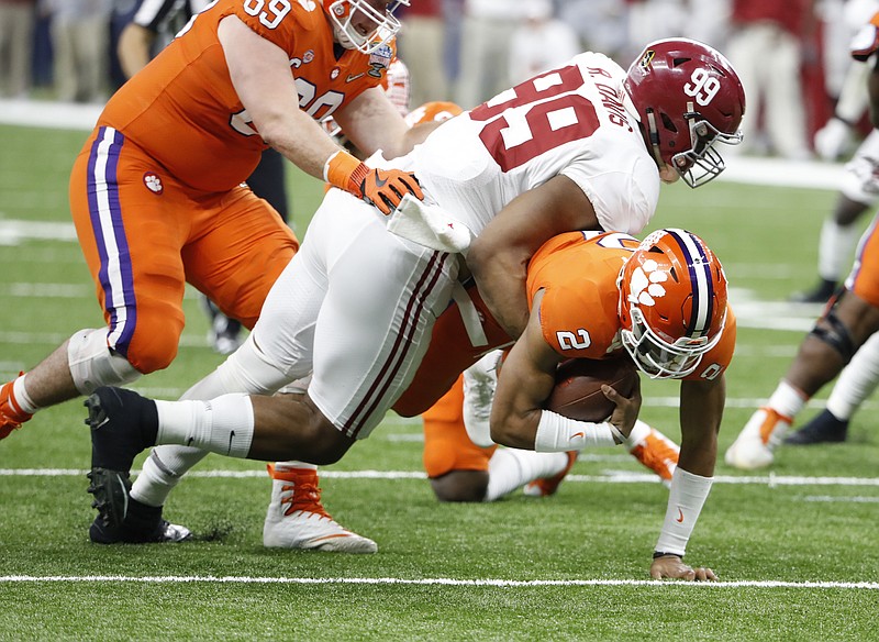 Alabama defensive lineman Raekwon Davis had two tackles for loss in Monday night's 24-6 win over Clemson in the Sugar Bowl, including a 7-yard sack of Kelly Bryant.
