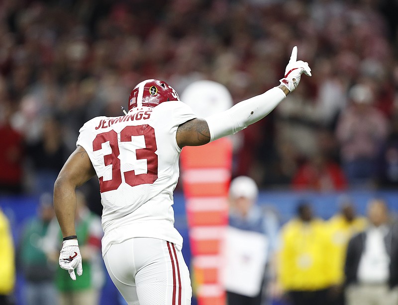 Alabama sophomore outside linebacker Anfernee Jennings had three tackles for loss during Monday night's 24-6 win over Clemson in the Sugar Bowl, but he sustained a knee injury that will cause him to miss the national championship game against Georgia.