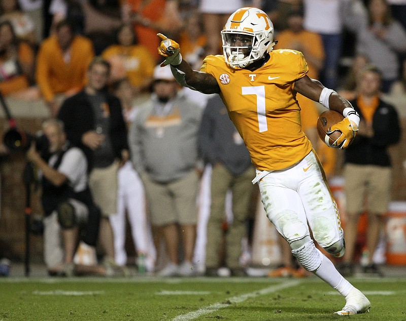 Tennessee defensive back Rashaan Gaulden (7) celebrates after recovering a Southern Mississippi fumble during an NCAA football game at Neyland Stadium on Saturday, Nov. 4, 2017 in Knoxville, Tenn.