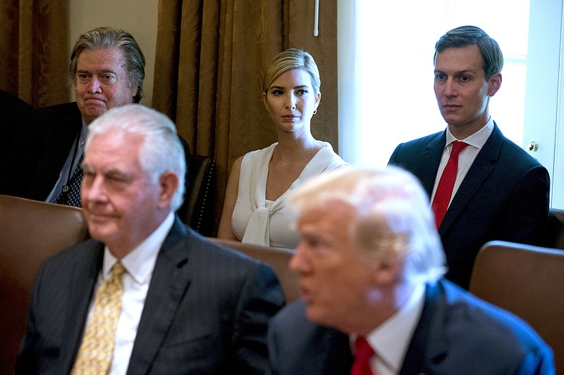 From back left: White House Chief Strategist Stephen Bannon, Ivanka Trump and her husband, White House Senior Adviser Jared Kushner, look on as President Donald Trump holds a Cabinet meeting in the Cabinet Room of the White House, in Washington in July. (Doug Mills/The New York Times)