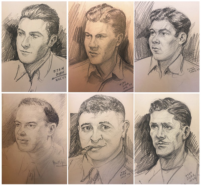 These sketches provided by Ira Dube of U.S. Army 27th Infantry Division soldiers were among more than a dozen done by his father, Stan Dube, during World War II. Ira Dube, found them stashed in the attic of his sister's home. Now Ira Dube is hoping to identify the men, so he has donated 15 sketches to the New York State Military Museum and Veterans Research Center in Saratoga Springs. (Stan Dube/Ira Dube via AP)