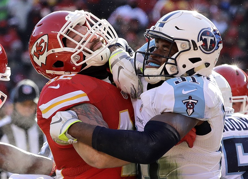 FILE - In this Dec. 18, 2016, file photo, Tennessee Titans safety Kevin Byard (31) blocks Kansas City Chiefs running back Anthony Sherman (42) during the first half of an NFL football game in Kansas City, Mo.