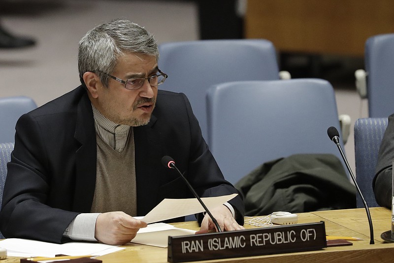 In this Feb. 13, 2017 file photo, Gholamali Khoshroo, Iran's Ambassador to the United Nations, speaks at a U.N. Security Council meeting at U.N. headquarters. As nationwide protests have shaken Iran over the last week, the Islamic Republic increasingly has blamed its foreign foes for fomenting the unrest. So far though, there's no direct evidence offered by Tehran to support that claim. (AP Photo/Mark Lennihan, File)
