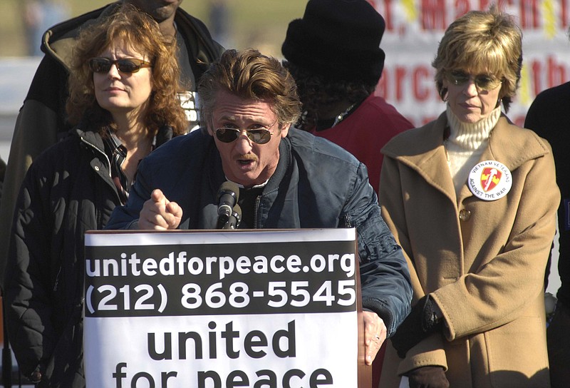 Actress Jane Fonda, right, joined actor Sean Penn, center, and actress Susan Sarandon in protesting the war in Iraq on the National Mall in Washington, D.C., in 2007.