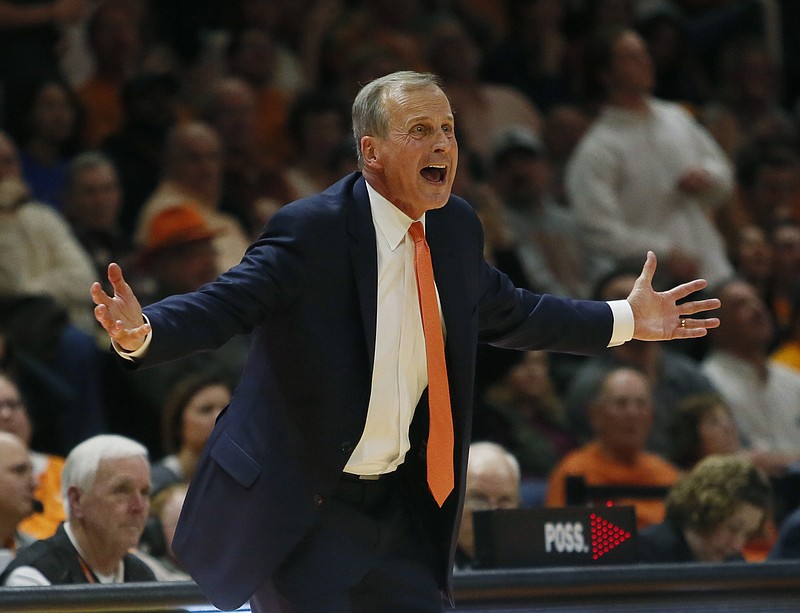 Tennessee head coach Rick Barnes reacts to a call in the second half of a game against Kentucky during an NCAA college basketball game Saturday, Jan. 6, 2018, in Knoxville, Tenn. (AP Photo/Crystal LoGiudice)