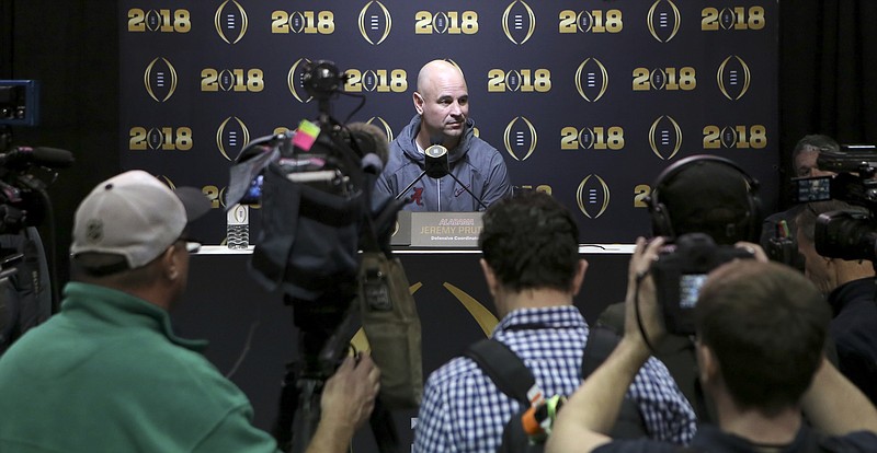 Alabama defensive coordinator Jeremy Pruitt meets with the media during the College Football Playoff national championship media day at Philips Arena on Saturday, Jan. 6, 2018 in Atlanta, Ga.