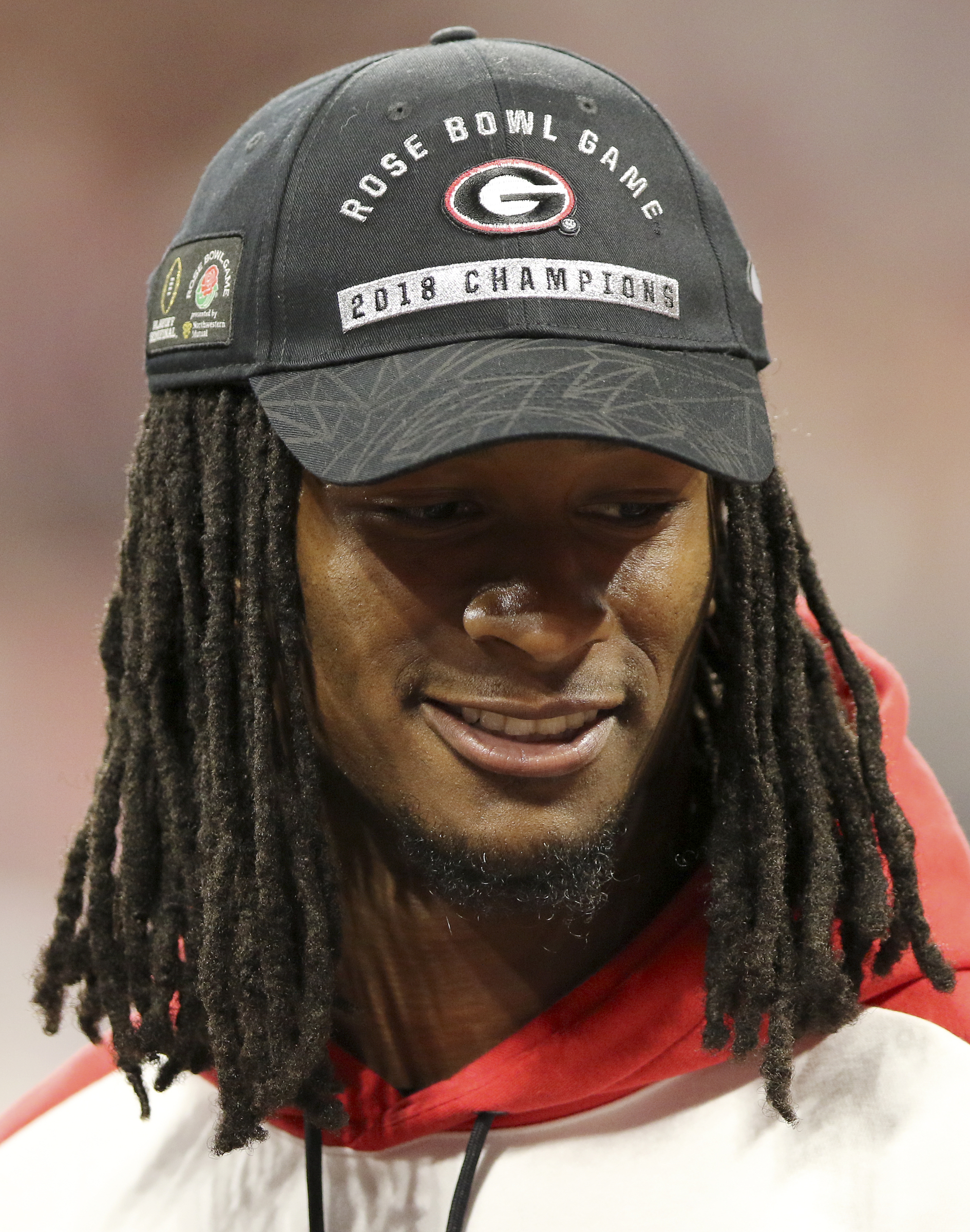 Former Georgia, and current Los Angeles Ram, running back Todd Gurley does an on-field interview prior to the College Football Playoff national championship between Georgia and Alabama at Mercedes-Benz Stadium on Monday, Jan. 8, 2018 in Atlanta, Ga.