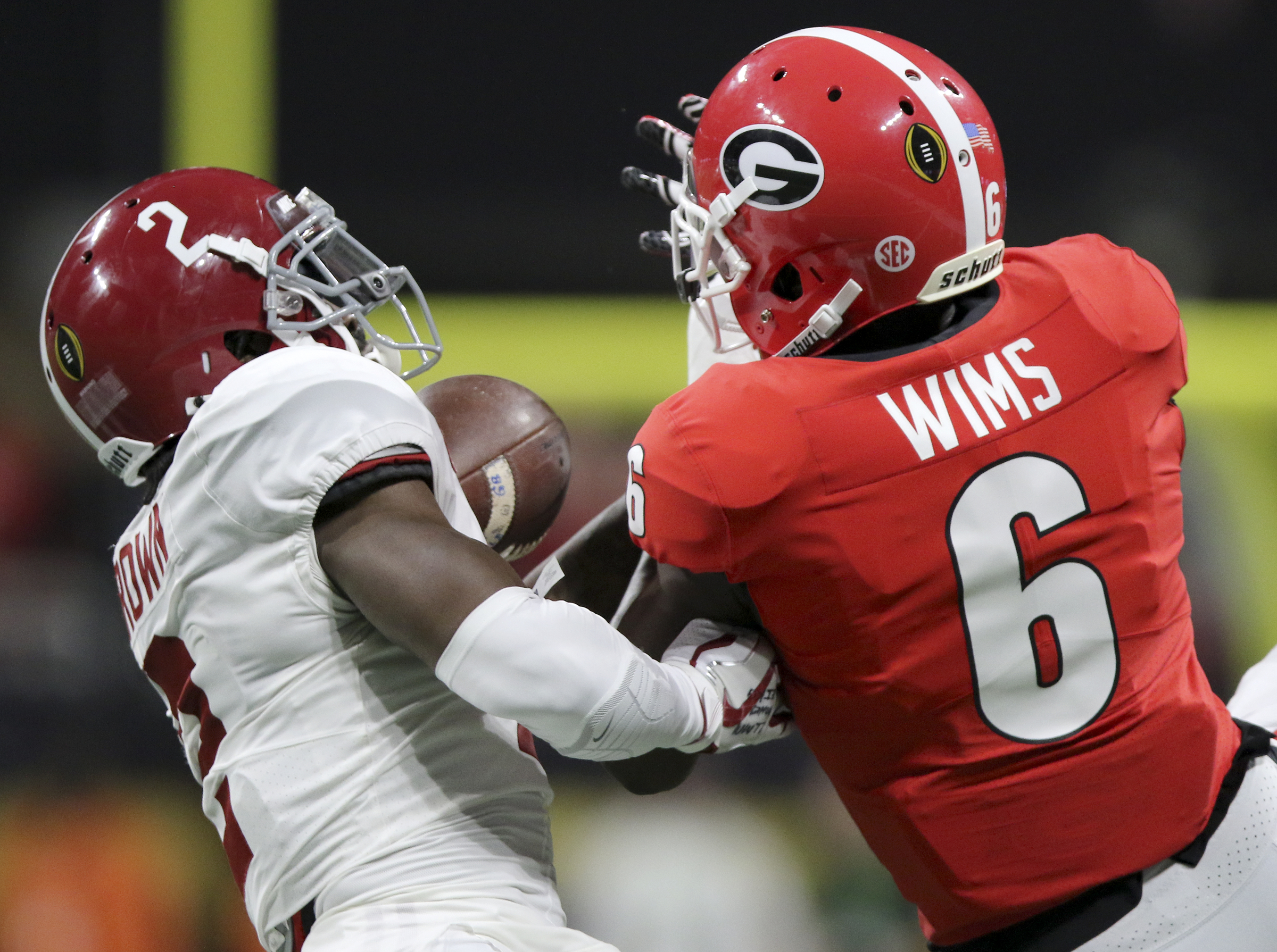 Alabama defensive back Tony Brown (2) intercepts a pass intended for Georgia wide receiver Javon Wims (6) during the College Football Playoff national championship at Mercedes-Benz Stadium on Monday, Jan. 8, 2018 in Atlanta, Ga.