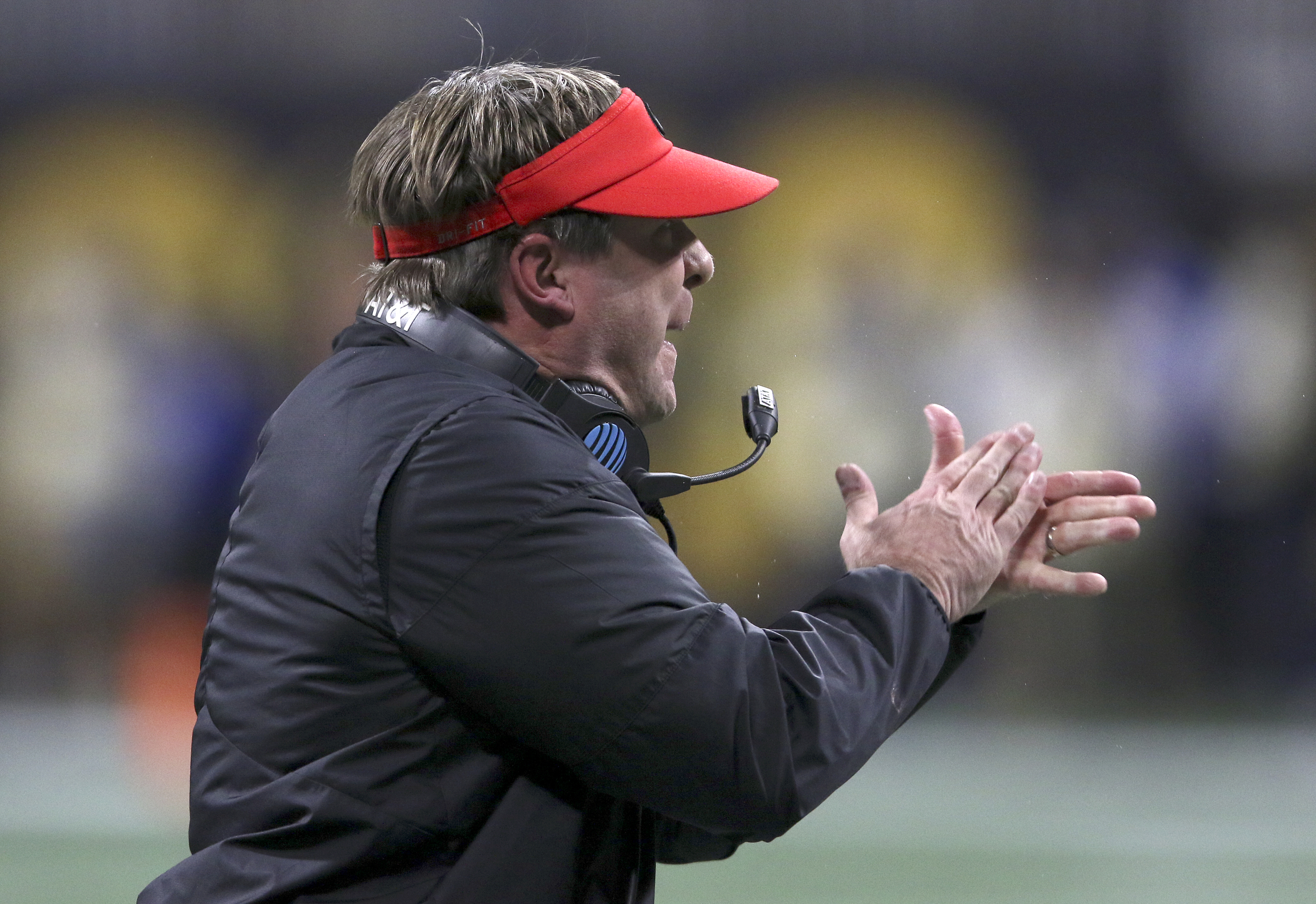 Georgia head coach Kirby Smart yells at wide receiver Mecole Hardman Jr. after an Alabama punt during the College Football Playoff national championship at Mercedes-Benz Stadium on Monday, Jan. 8, 2018 in Atlanta, Ga.