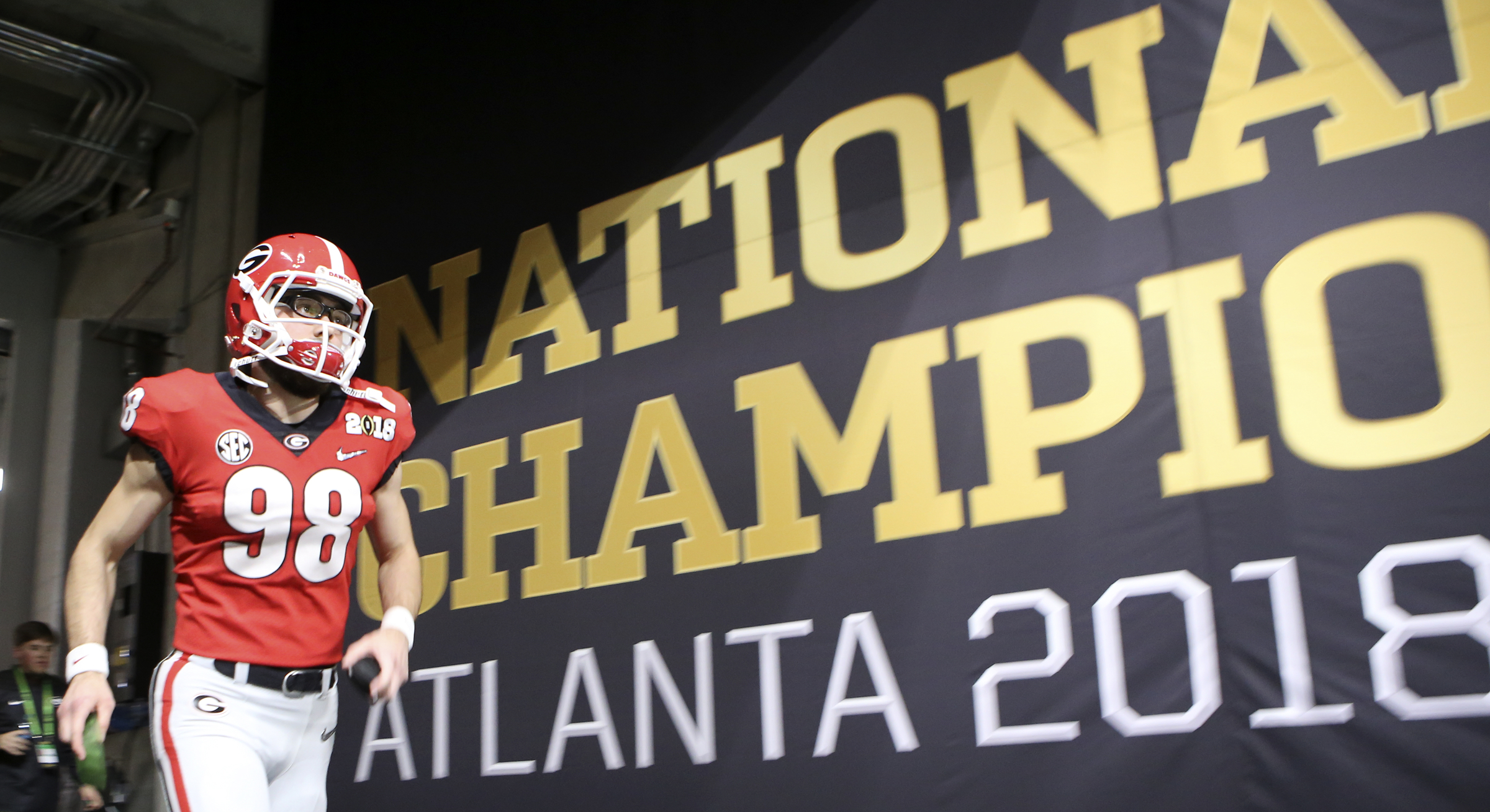 Georgia kicker Rodrigo Blankenship (98) takes the field to warm up before the College Football Playoff national championship against Alabama at Mercedes-Benz Stadium on Monday, Jan. 8, 2018 in Atlanta, Ga.