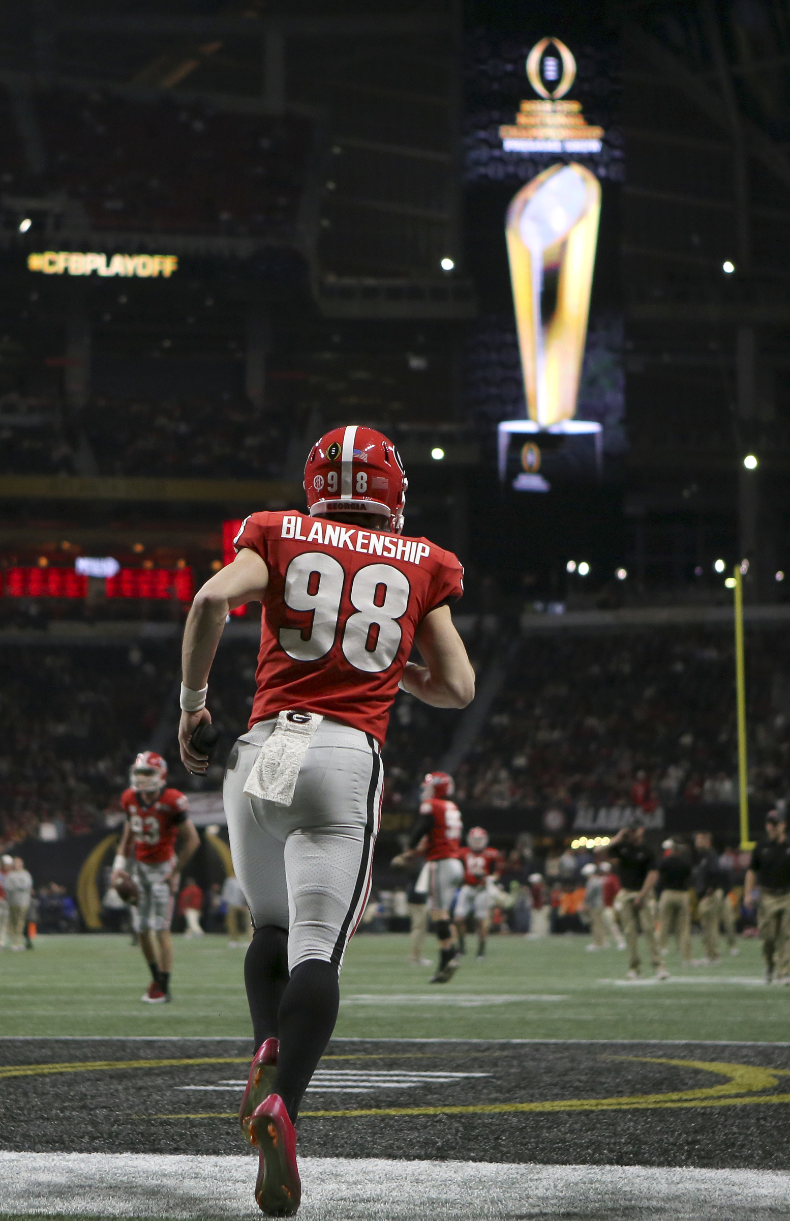 Georgia kicker Rodrigo Blankenship (98) takes the field to warm up before the College Football Playoff national championship against Alabama at Mercedes-Benz Stadium on Monday, Jan. 8, 2018 in Atlanta, Ga.