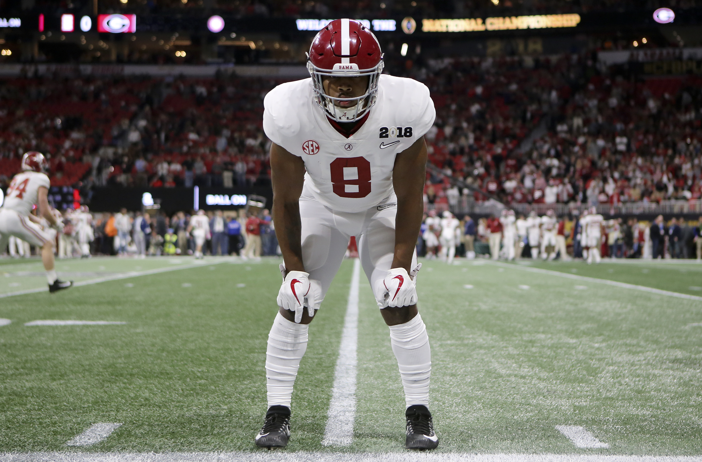 Alabama running back Josh Jacobs (8) warms up before facing off against Georgia in the College Football Playoff national championship at Mercedes-Benz Stadium on Monday, Jan. 8, 2018 in Atlanta, Ga.