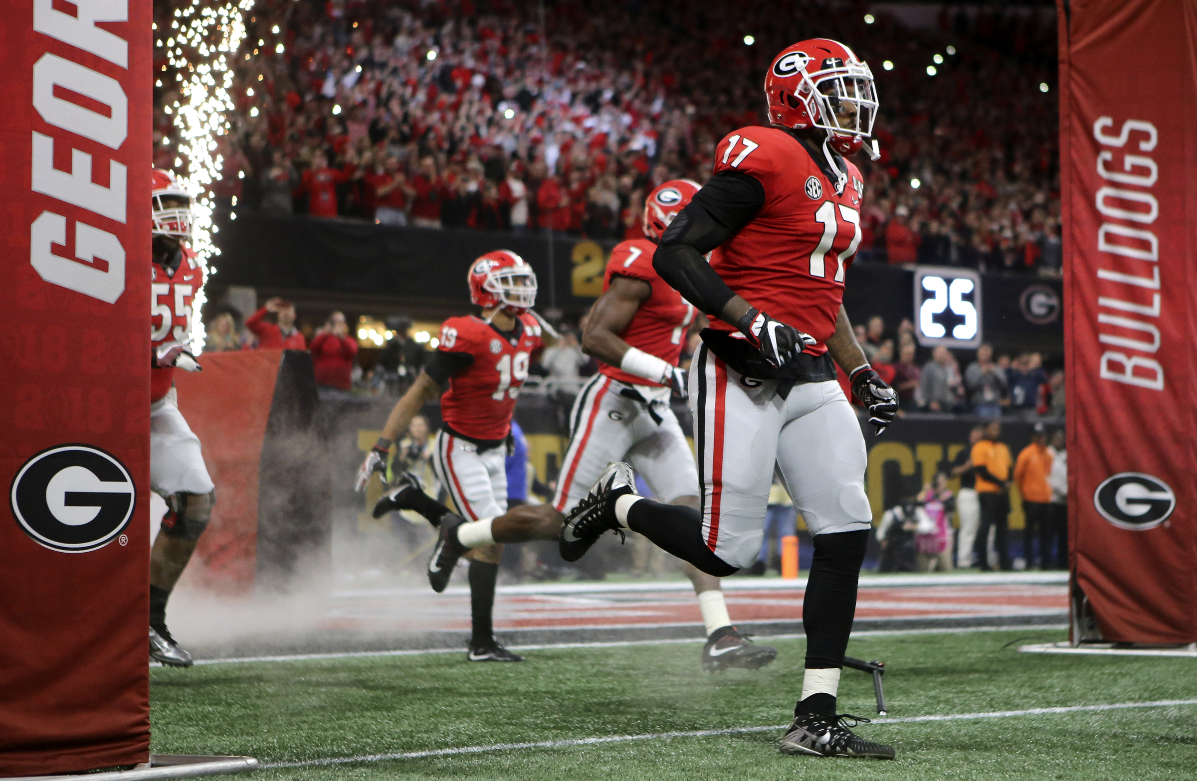 Georgia linebacker Davin Bellamy (17) takes the field for the College Football Playoff national championship against Alabama at Mercedes-Benz Stadium on Monday, Jan. 8, 2018 in Atlanta, Ga.