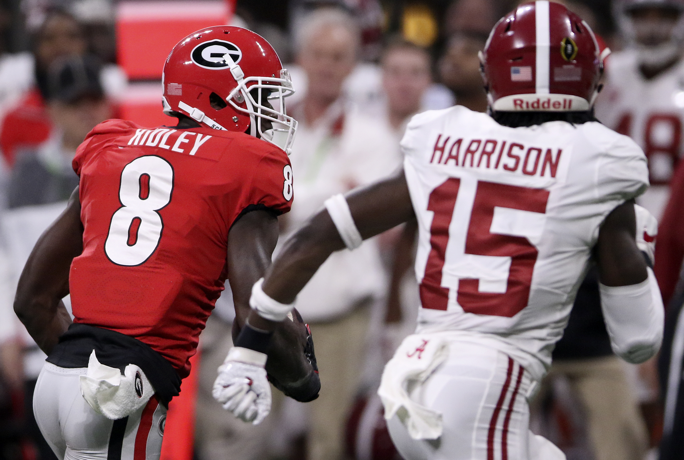Georgia wide receiver Riley Ridley (8) races for a 23-yard gain on a reception against Alabama in the College Football Playoff national championship at Mercedes-Benz Stadium on Monday, Jan. 8, 2018 in Atlanta, Ga.