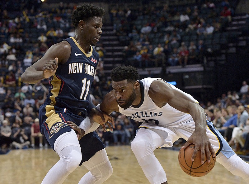 Memphis Grizzlies guard Tyreke Evans, right, controls the ball against New Orleans Pelicans guard Jrue Holiday (11) during the second half of an NBA basketball game Wednesday, Jan. 10, 2018, in Memphis, Tenn. The Grizzlies won 105-102. (AP Photo/Brandon Dill)