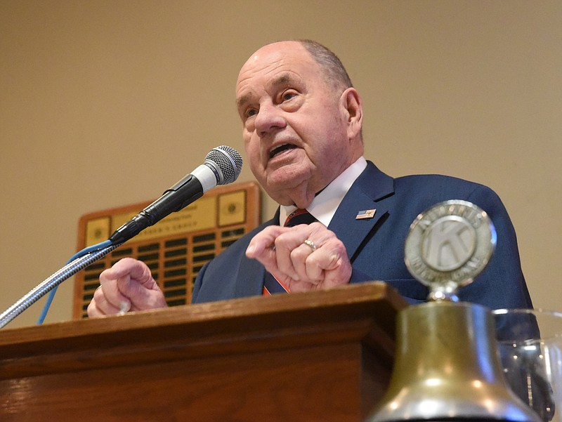 Longtime Cleveland, Tenn., Mayor Tom Rowland speaks to the Cleveland Kiwanis Club during his final State of the City address Thursday at the Cleveland Elks Club.