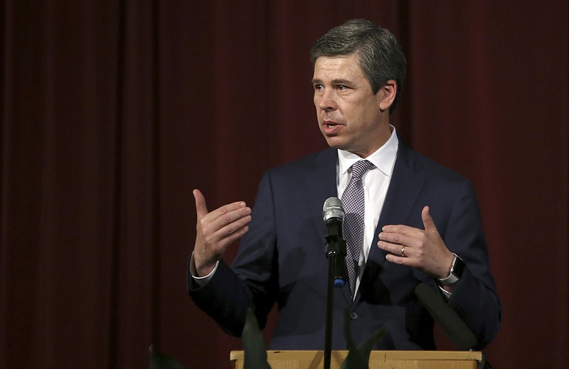 Chattanooga Mayor Andy Berke speaks during a celebration program between sister cities Chattanooga and Tono, Japan, in the Creed Bates Memorial Auditorium at Chattanooga School for the Arts and Sciences on Thursday, Jan. 11, 2018 in Chattanooga, Tenn. Students from CSAS have been participating in an exchange with Tono since 1991 helping establish a sister city partnership with Chattanooga.