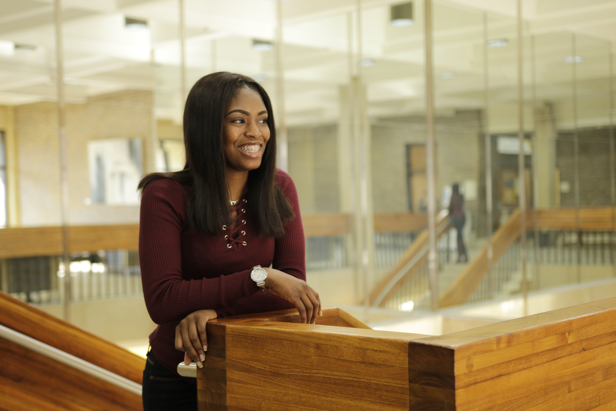 UT Memphis freshman Diamond Jones poses for a portrait at a check-in for students from the GEAR UP college readiness program at the University of Tennessee at Chattanooga on Thursday, Jan. 4, 2018, in Chattanooga, Tenn. GEAR UP begins academic counseling and a support system for underserved students as early as 6th grade.