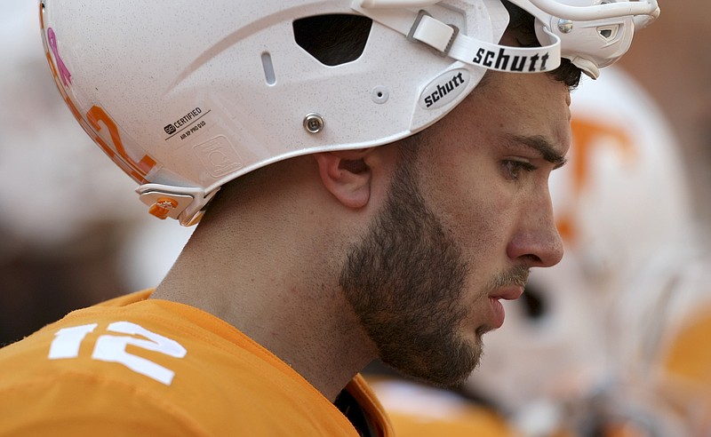 Tennessee quarterback Quinten Dormady (12) is seen on the sidelines during the game against South Carolina at Neyland Stadium on Saturday, Oct. 14, in Knoxville, Tenn.