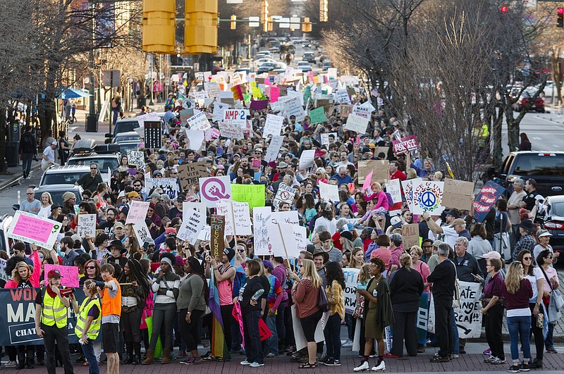 Participants in last year's inaugural Chattanooga Women's March filled Broad Street at Aquarium Way. Women and men marched from Coolidge Park to the Aquarium in solidarity with protesters in Washington, D.C. and across the nation.