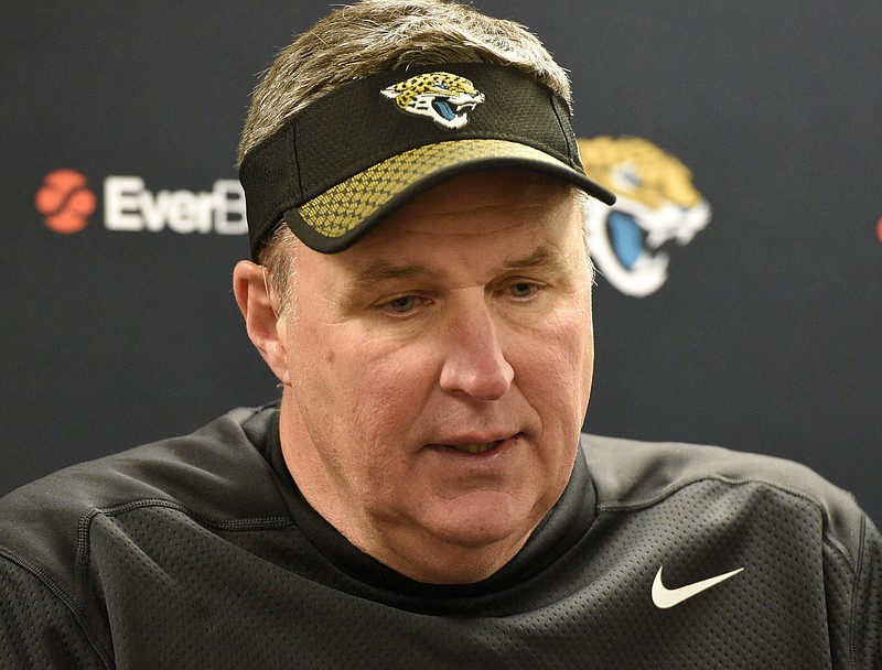 
              Jacksonville Jaguars head coach Doug Marrone talks with reporters following a win over the Pittsburgh Steelers in an NFL divisional football AFC playoff game in Pittsburgh, Sunday, Jan. 14, 2018. (AP Photo/Don Wright)
            