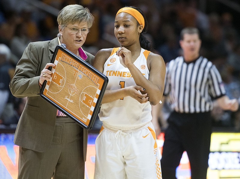 Tennessee head coach Holly Warlick, left, talks with Anastasia Hayes during an NCAA college basketball game against Vanderbilt in Knoxville, Tenn., on Sunday, Jan. 7, 2018. (Saul Young/Knoxville News Sentinel via AP)