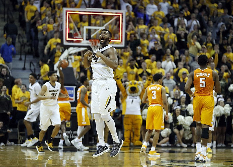 Missouri's Kevin Puryear celebrates after Missouri's victory over Tennessee in an NCAA college basketball game Wednesday, Jan. 17, 2018, in Columbia, Mo. Missouri won 59-55. (AP Photo/Jeff Roberson)