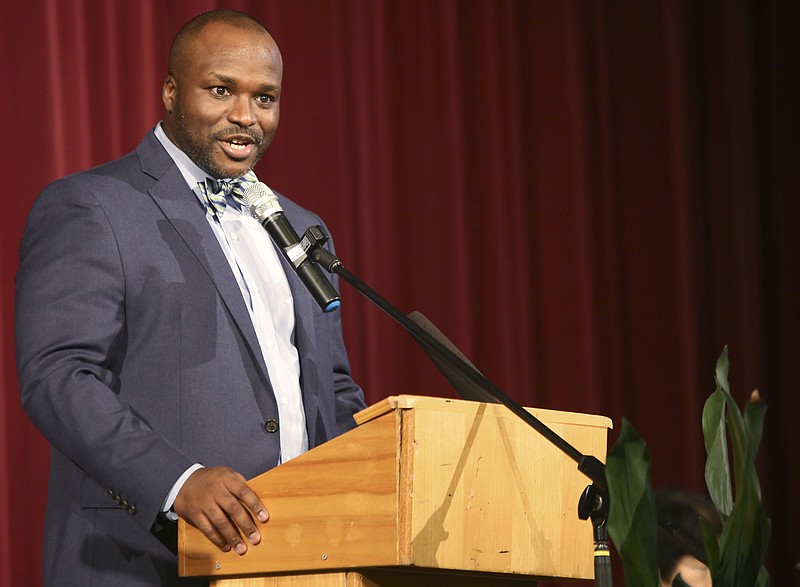 Superintendent Bryan Johnson speaks during a celebration program between sister cities Chattanooga and Tono, Japan, in the Creed Bates Memorial Auditorium at Chattanooga School for the Arts and Sciences on Thursday, Jan. 11, 2018, in Chattanooga, Tenn.