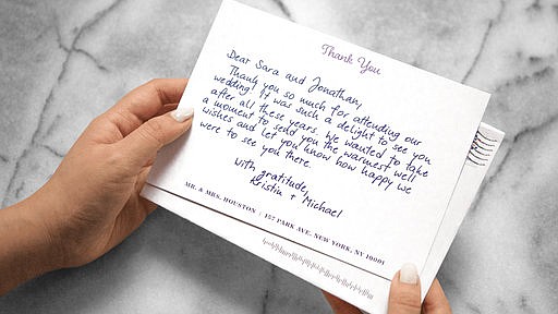 This undated image provided by Bond shows a wedding thank-you note created using the company's robotic technology, which mimics handwriting. Customers can choose from different handwriting styles or Bond can digitize your handwriting to create a personal style for your notes. (Bond Gifting Inc. via AP)