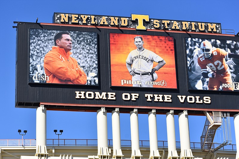 The back Neyland Stadium video board on the University of Tennessee campus in Knoxville, as seen January 18. The video board still hosts a picture of former Tennessee coach Butch Jones, who was fired in November. Officials hope to replace the photo in February.