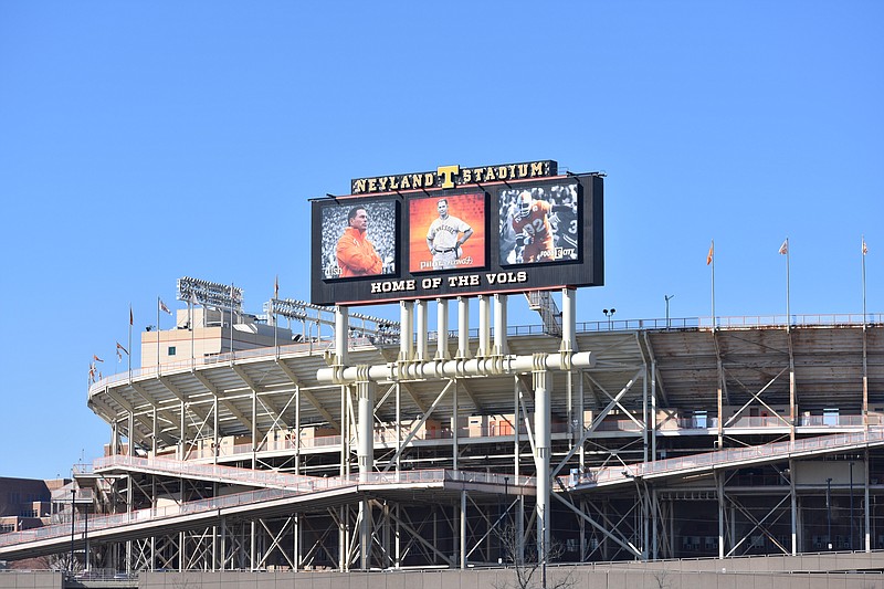 The back Neyland Stadium video board on the University of Tennessee campus in Knoxville, as seen January 18. The video board still hosts a picture of former Tennessee coach Butch Jones, who was fired in November. Officials hope to replace the photo in February.