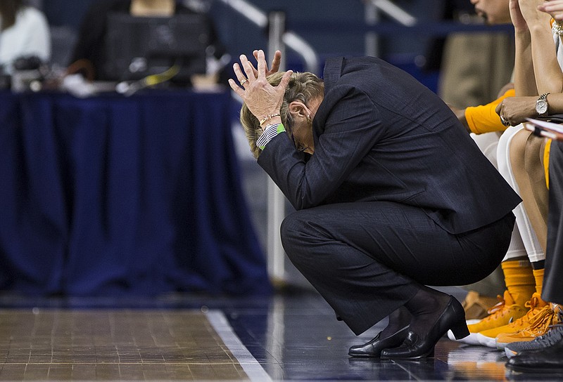 Tennessee coach Holly Warlick reacts as her team falls behind during the second half of Thursday's game at Notre Dame, when the Lady Vols blew a 23-point lead in losing by 14. They host undefeated Mississippi State today.